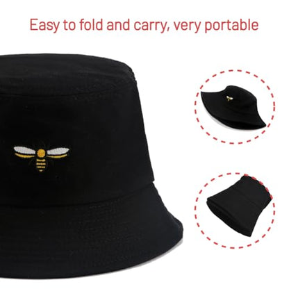Cotton Bucket Hat for Women Men Summer Travel Sun Beach Bucket Cap, Unisex Outdoor Fisherman Hat - color: Bee