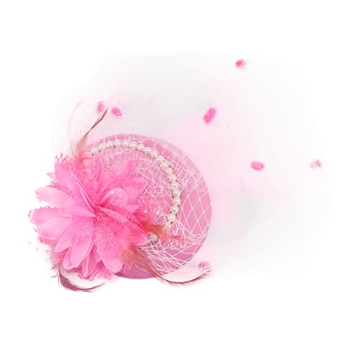 Fascinator Pillbox Hat for Women, Feather Flower Pearls Hair Headwear Veil - color: Pink