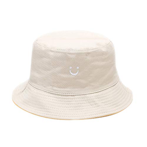 Unisex Cotton Packable Bucket Hat Sun Hat Beach Cap for Men Women - color: Smile Face Beige/Black