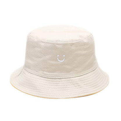 Unisex Cotton Packable Bucket Hat Sun Hat Beach Cap for Men Women - color: Smile Face Beige/Black