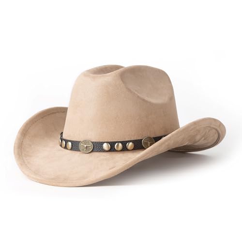 Western Cowboy Hat for Men Wide Brim Suede Cattleman Cowgril Hats - color: Black Belt /Camel