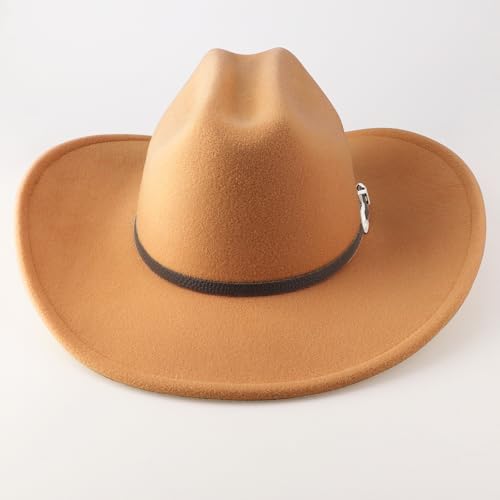 AQOKKA Western Cowboy Hats for Women Classic Felt Wide Brim Fedora Hat with Belt Buckle Retro Panama Hat Unisex Rolled up Cap - color: 1 Pc Fedora Hat : Camel