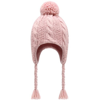 Winter Peruvian Hat Earflap Fleece Lined Girls Knit Beanie 3-10T - color: 1a-pink, size: 6-10 Years