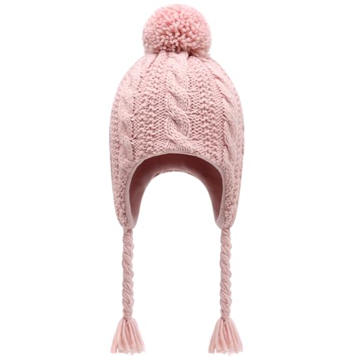 Winter Peruvian Hat Earflap Fleece Lined Girls Knit Beanie 3-10T - color: 1a-pink, size: 6-10 Years