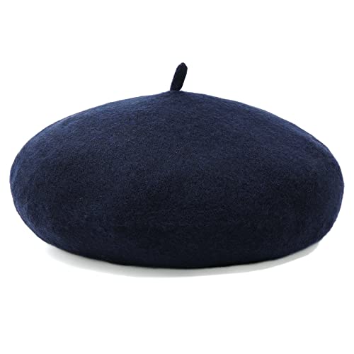 Women French Wool Beret Hats - Solid Color Classic Beanie Winter Cap - color: Navy Blue