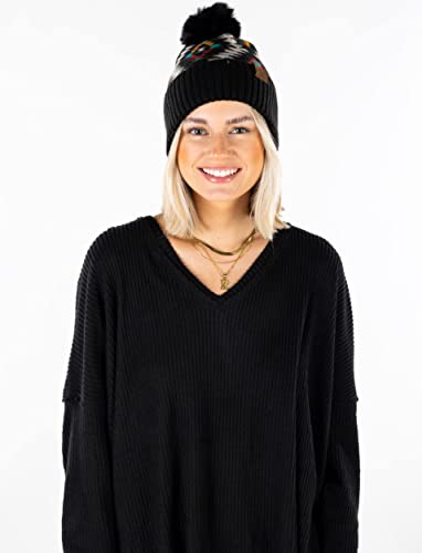 Funky Junque Women’s Pom Pom Beanie – Soft Knit Winter Hats for Women & Teens, Warm Fashionable Beanie with Faux Fur Poms - color: Aztec - Black