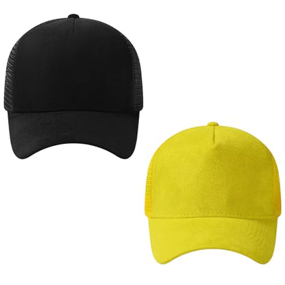Suede Curved Brim Trucker Cap Adjustable Snapback Hat Mesh Back Breathable for Men Women 2 Pack SH03 - color: Pack of 2, Black & Yellow