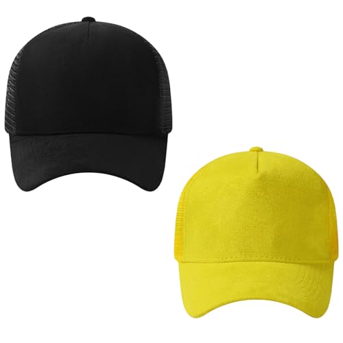 Suede Curved Brim Trucker Cap Adjustable Snapback Hat Mesh Back Breathable for Men Women 2 Pack SH03 - color: Pack of 2, Black & Yellow