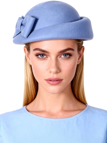 Women Wool Felt Ribbon French Fashion Vintage Millinery Beret Hats Top Cap Ladies Party Wedding Fedoras Chapeau - color: Light Blue