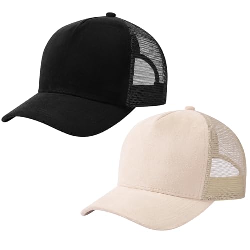 Suede Curved Brim Trucker Cap Adjustable Snapback Hat Mesh Back Breathable for Men Women 2 Pack SH03 - color: Pack of 2, Black & Bleached Sand