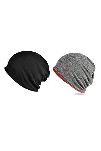 Jeelow Cotton Slouchy Open Top Beanie Hat 2 Pack - color: Black + Red Grey