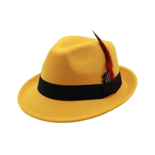 Unisex Trilby Hats Classic Fedora Hats for Women Men Dress Hats Felt Short Brim Fedoras Hat Panama Hat with Band - color: Yellow