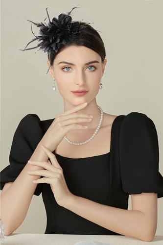 BABEYOND Flower Feather Beads Fascinator Headband for Women Derby Headpiece - color: Black