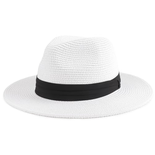 DRESHOW Women Straw Panama Hat Travel Fedora Beach Sun Hat Summer Wide Brim Straw Roll up Hats UPF 50+ - color: Fedora White