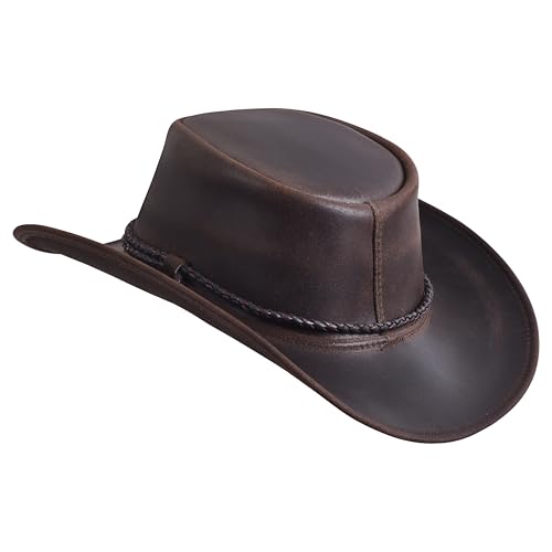 Sidewinder Mens Cowboy Leather Hat Western Style Unisex Shapeable Outback Classic Braided Hatband - color: Dark Brown, size: Large