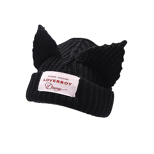 Cat Ear Beanie Y2K Cute Knit Hat with Ears Warm Crochet Hat Skull Cap for Women Men - color: Black