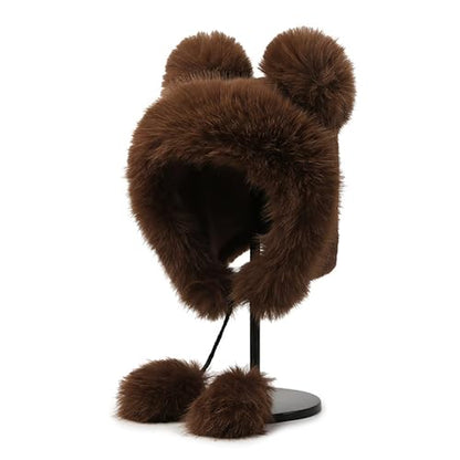 Winter Faux Fur Hat with Ears Flaps Fluffy Bear Beanie Cap Animal Lovers Gift - color: Coffee