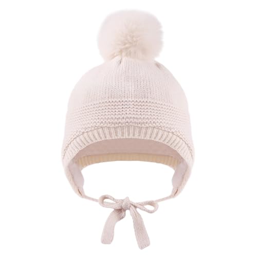 JANGANNSA Basic Winter Baby Boy Beanie Pompom Knit Girl Hat Kid Earflap Cap - color: Beige Hat, size: 2-5T