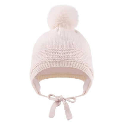 JANGANNSA Basic Winter Baby Boy Beanie Pompom Knit Girl Hat Kid Earflap Cap - color: Beige Hat, size: 2-5T