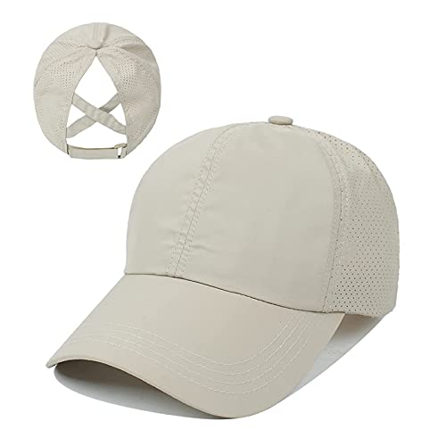 Womens Criss Cross Ponytail Hat Quick Drying Baseball Cap Sun Hats UV Protection Sport Cap - color: Khaki