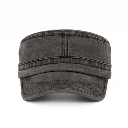 Military Cadet Army Cap for Men Women-Washed Cotton Vintage Adjustable Flat Top Baseball Hat - color: Washed Black
