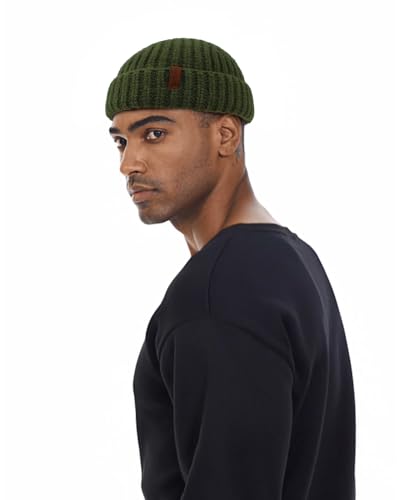 Chunky Wool Fisherman Short Beanie Hats Skull Cap for Men, Mens Thick Skater Streetwear Fishermans Beanie Daily Hat - color: Olive