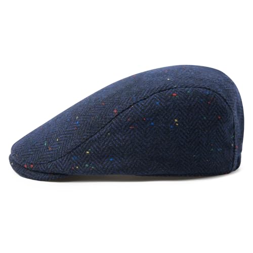 FEINION Men Wool Blend Flat Cap Tweed Newsboy Ivy Hat - color: Flecked Navy