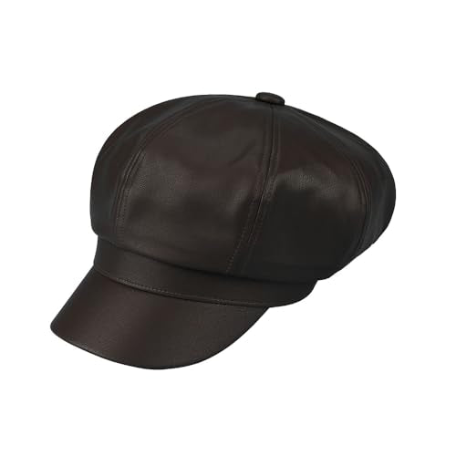 C.C Knitted Newsboy Cap for Women – Soft Knit Hat with Adjustable Velcro, Lightweight Warm Winter Style - color: Faux Leather-dk. Chocolate