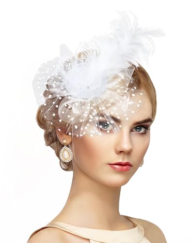 Zinniday Victoria Fascinators Hats for Women - 2026 Kentucky Feather Mesh Derby Hat 1920s Tea Party Headwear for Church - color: White