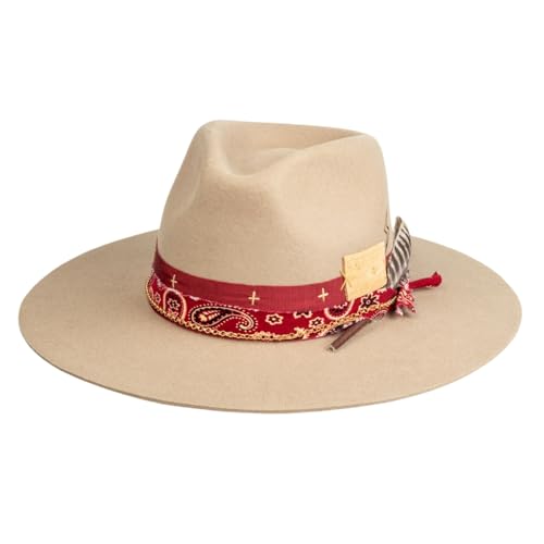 RUEDIGER Vintage Wide Brim Fedora Hats 100% Wool Stiff Felt Hat Rancher Hat with Lightning Logo Handmade Distressed/Burned - color: Cream, size: 7 1/8