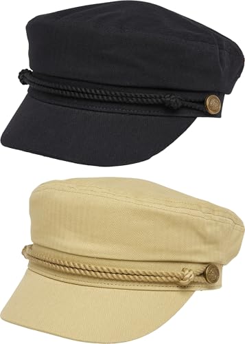 Funky Junque Greek Fisherman Newsboy Cap, Cotton Captains Bakerboy Hat - color: 2 Pack - Black & Khaki