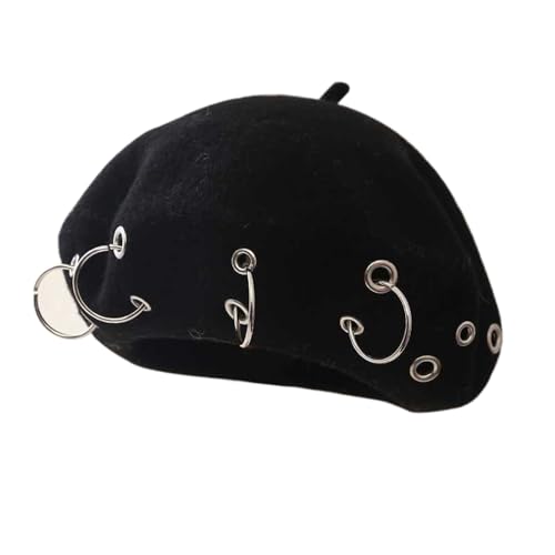 French Beret Hats Punk Iron Ring Beret for Women Fashionable Black