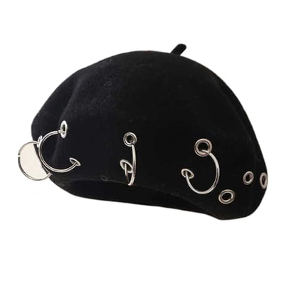 French Beret Hats Punk Iron Ring Beret for Women Fashionable Black