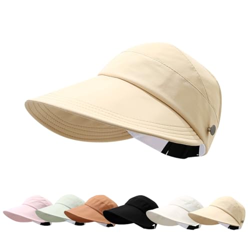 Sun Visor Hats for Women Summer UV Protection Adjustable Foldable Wide Brim Empty Top Cap for Outdoor Beach - color: Khaki