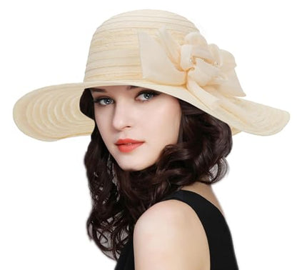 Women Wide Brim Organza Derby Hat Summer Sun Hat Fascinator Bridal Tea Party Wedding Hat - color: Beige-style 2