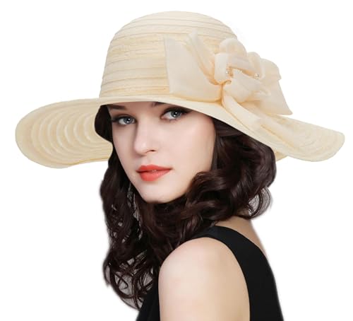 Women Wide Brim Organza Derby Hat Summer Sun Hat Fascinator Bridal Tea Party Wedding Hat - color: Beige-style 2