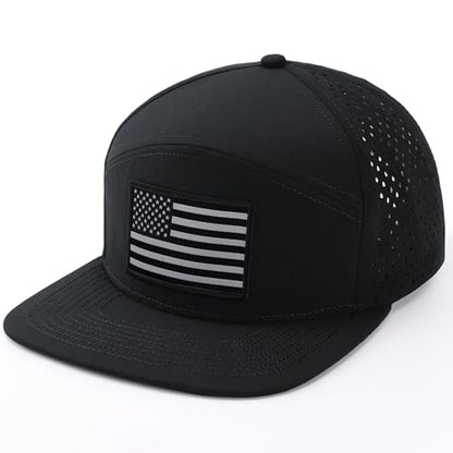 American Flag Baseball Cap, Flat Bill Brim Hat for Men Women, Patriotic Mesh Snapback Hats - color: Black
