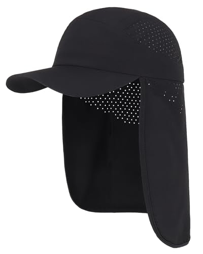 UPF 50+ Baseball Cap with Neck Flap, Breathable Fishing Hat for Men Adjustable Sun Hat for Golf Hiking - color: Black