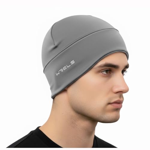 WRELS Thermal Running Skull Cap with Ear Flaps - Winter Hat for Men & Women, Windproof Athletic Beanie Helmet Liner - color: Men-grey