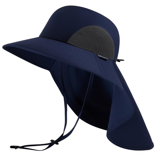 UPF 50+ Foldable Sun Hats Wide Brim with Large Neck Flap for Men Women UV Protection Gardening Fishing Beach Hat - color: Navy Blue