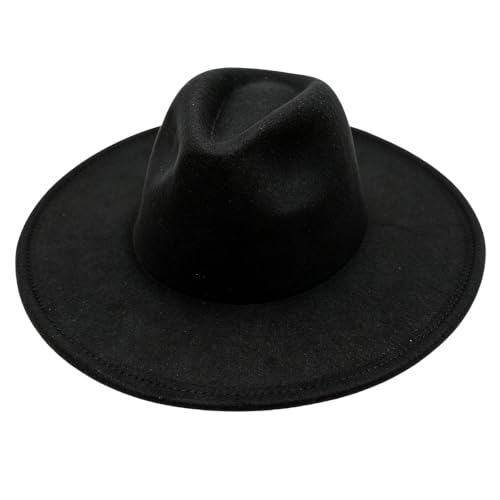 Classic Wide Brim Felt Fedora Hat for Men Women - color: Black
