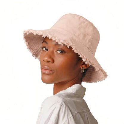 CHOK.LIDS Frayed Bucket Hat Washed Cotton Floppy Wide Brim Boonie Cap - color: Pink Salt