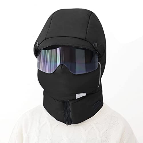 4 in 1 Ski Trapper Hat with Hooded Windproof Face Mask Thermal Plush Fleece Lined Trapper Hat Ski Cap - color: Black