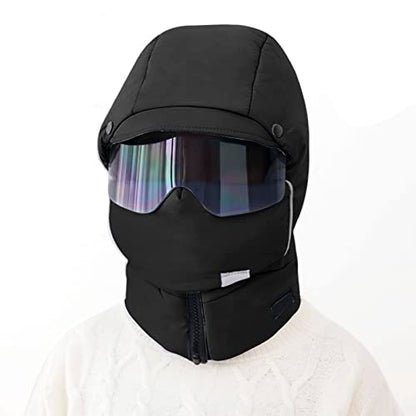 4 in 1 Ski Trapper Hat with Hooded Windproof Face Mask Thermal Plush Fleece Lined Trapper Hat Ski Cap - color: Black