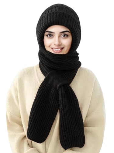 Sumolux Integrated Ear Protection Windproof Cap Scarf Elastic Knitting - color: Black