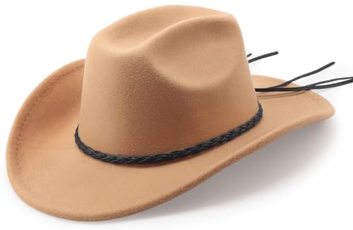 DRESHOW Western Cowboy Hat for Men Women Cowboy Cowgirl Hat Outdoor Wide Brim Retro Felt Fedora Hats Unisex Rolled up Caps - color: 1 Pack Style 8: Camel