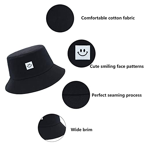 Kids Sun Hat Smile Face Bucket Hat for Girls Boys Summer Sun Protection Cotton Unisex Beach Cap - color: Black