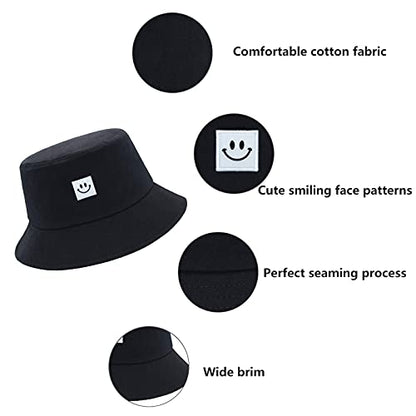 Kids Sun Hat Smile Face Bucket Hat for Girls Boys Summer Sun Protection Cotton Unisex Beach Cap - color: Black