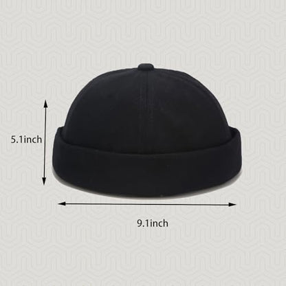 Mens Docker Cap Brimless Skullcap Sailor Cap Rolled Cuff Retro Beanie Hat - color: Pure Black