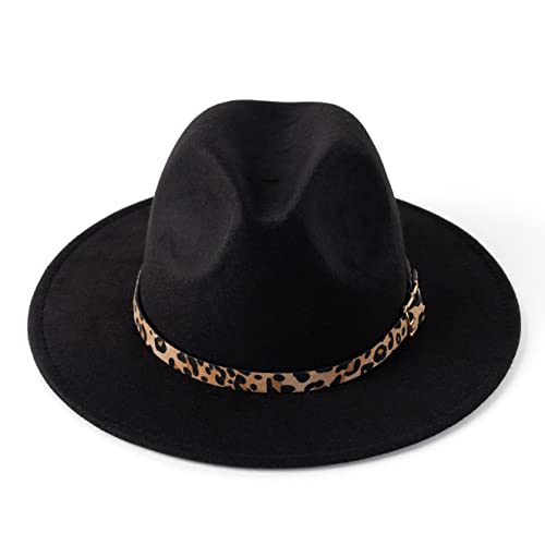 Women's Wide Brim Felt Fedora Panama Hat with Leopard - color: Black